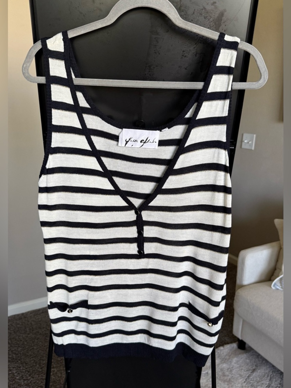YaYa Aflalo Navy and White Striped V-Neck Tank